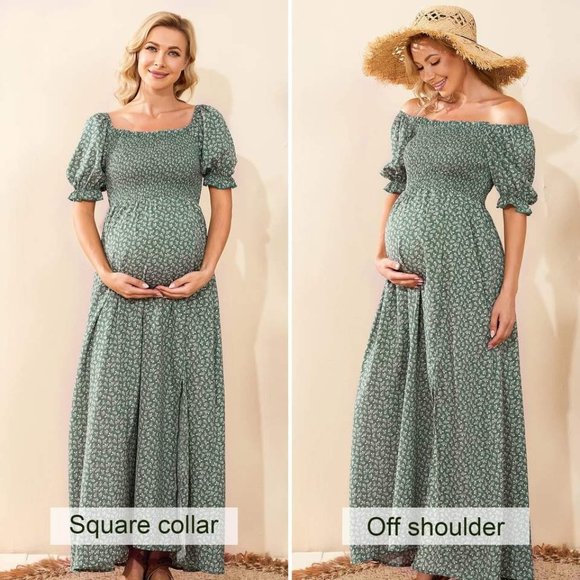 Off Shoulder Maternity Maxi Long Dress Baby Shower Photoshoot Side Split Party D - Picture 1 of 13